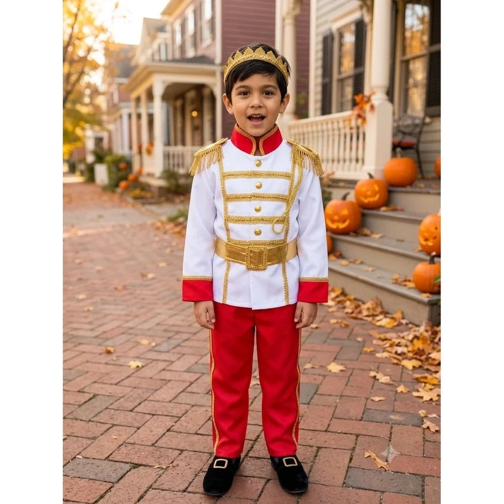 Prince Charming Royal Costume Boys L 12 White Red Gold Military Jacket Pants